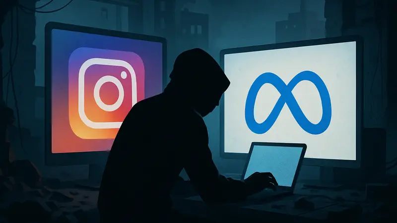 Изображение логотипов Instagram и Meta AI, символизирующие проблему взлома аккаунтов через чат-бот.