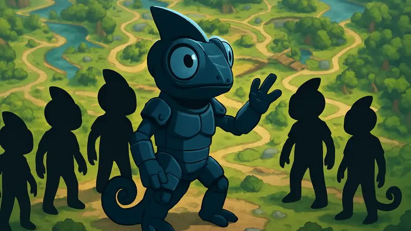 Игровой персонаж Meccha Chameleon, окружённый своими клонами, на фоне карты игры.