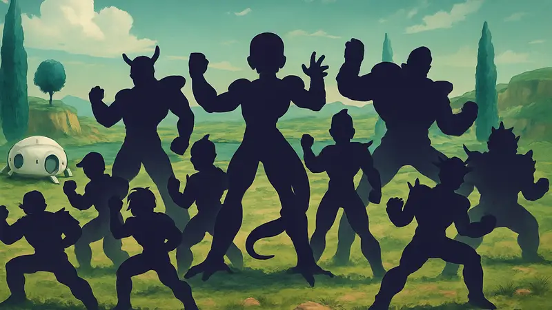 Десять сильнейших воинов армии Фризы из аниме Dragon Ball в боевых позах.