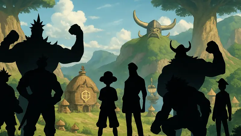 Изображение персонажей One Piece на фоне Элбафа, демонстрирующих силу без Дьявольских плодов.