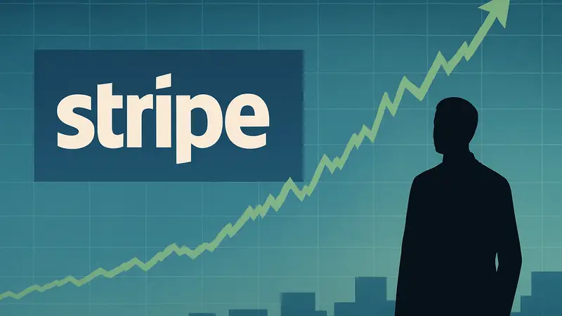 Логотип компании Stripe на фоне графика роста акций, символизирующего рост стоимости компании.