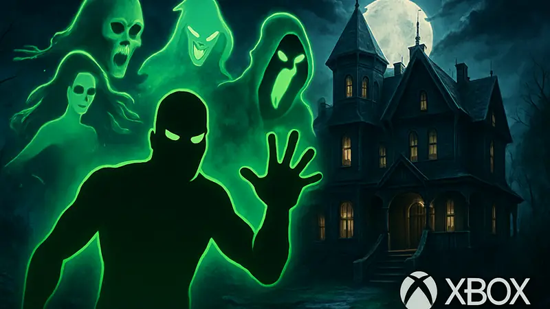 Обложка игры Ghostmaster: Resurrected с изображением призраков и мрачного дома, логотипы Xbox Series X|S.