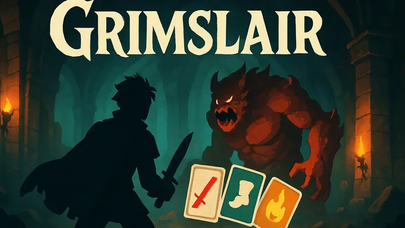 Логотип игры Grimslair на фоне игрового процесса, с намёком на карточные сражения и рогалик.