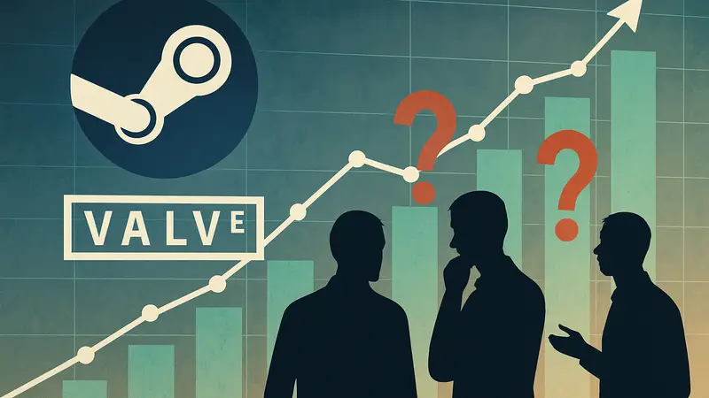 Логотип Steam и Valve на фоне графиков прибыли с вопросительными знаками, символизирующими критику.