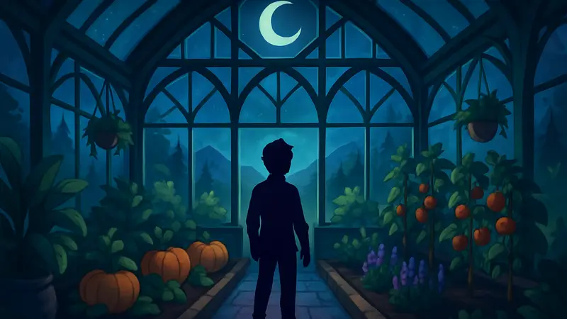 Теплица в игре Moonlight Peaks с различными растениями внутри и персонажем игрока