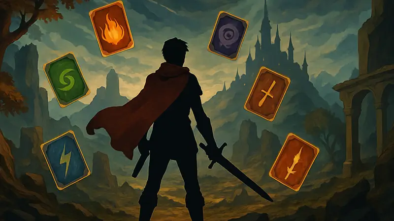 Обложка Slay the Spire 2 с изображением персонажа в фэнтезийном мире рогалика, окружённого картами.