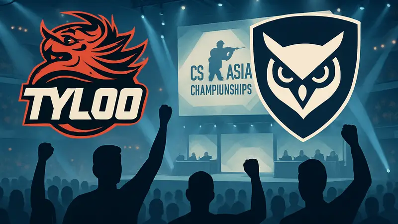 Логотипы киберспортивных команд TYLOO и Lynn Vision на фоне турнира CS Asia Championships.