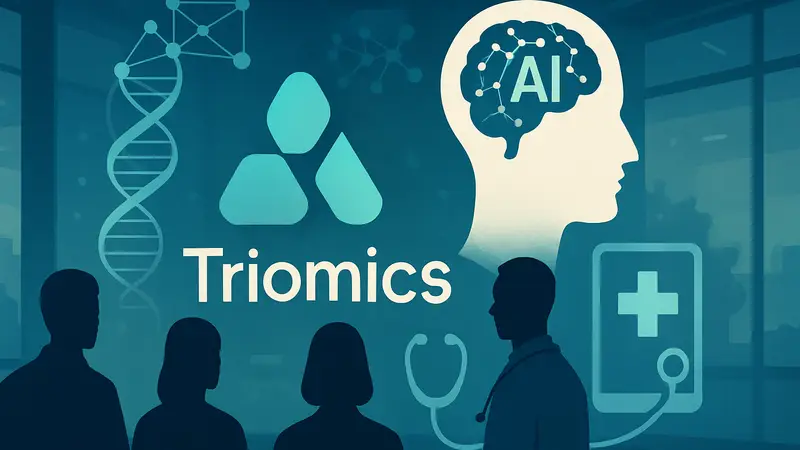 Логотип Triomics и символы искусственного интеллекта в медицине