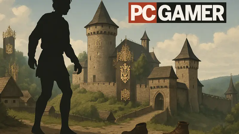 Иллюстрация: средневековый персонаж без обуви на фоне замка, шутка о Kingdom Come Deliverance 2 и PC Gamer.