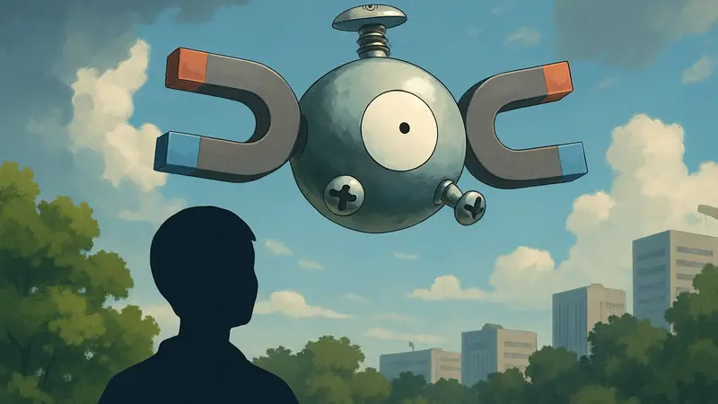 Покемон Magnemite, электрический и стальной тип, парит в воздухе.