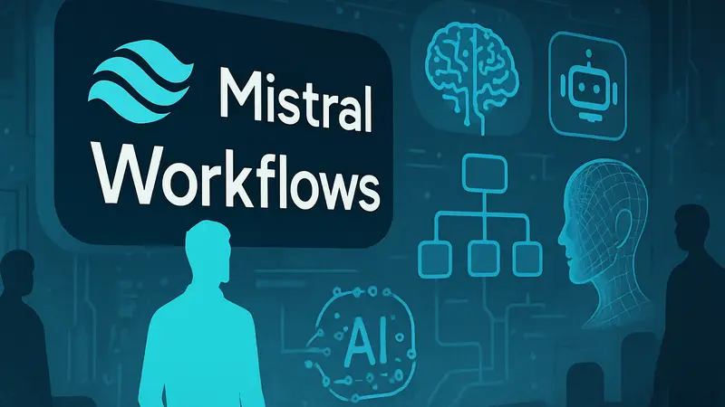 Логотип Mistral AI Workflows с элементами искусственного интеллекта