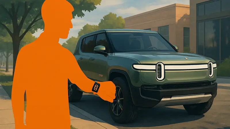 Человек управляет функциями электромобиля Rivian с помощью Apple Watch