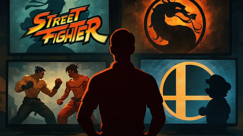 Коллаж из логотипов или скриншотов известных файтингов, таких как Street Fighter, Mortal Kombat, Tekken, Super Smash Bros.