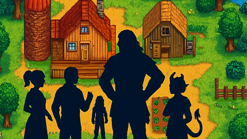 Скриншот мода Baldur's Village, показывающий персонажей Baldur's Gate 3, таких как Халсин, в стиле Stardew Valley на ферме.