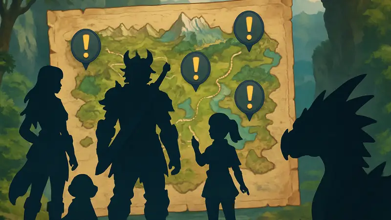 Персонажи из игры Monster Hunter Stories 3, иллюстрация с картой и квестами