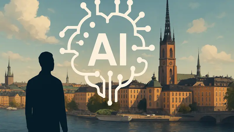 Логотип AI-стартапа Pit или изображение, символизирующее искусственный интеллект и стартапы, на фоне Стокгольма.