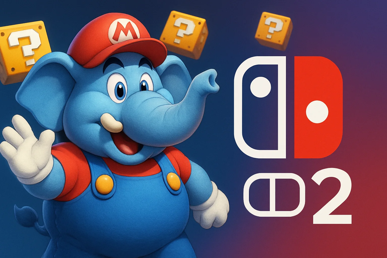 Марио в форме слона из Super Mario Bros. Wonder на фоне логотипа Nintendo Switch 2, летящие вопросительные знаки.