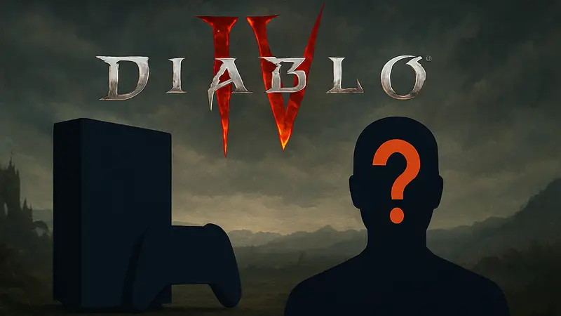 Логотип Diablo 4 на фоне силуэта новой игровой консоли, символ слухов