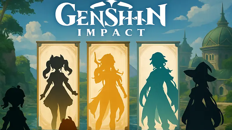 Логотип Genshin Impact с изображением баннеров персонажей обновления 6.4