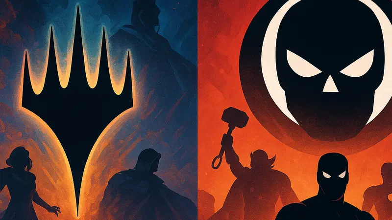 Изображение демонстрирует символику Magic The Gathering и Marvel, намекая на новые колоды Commander.