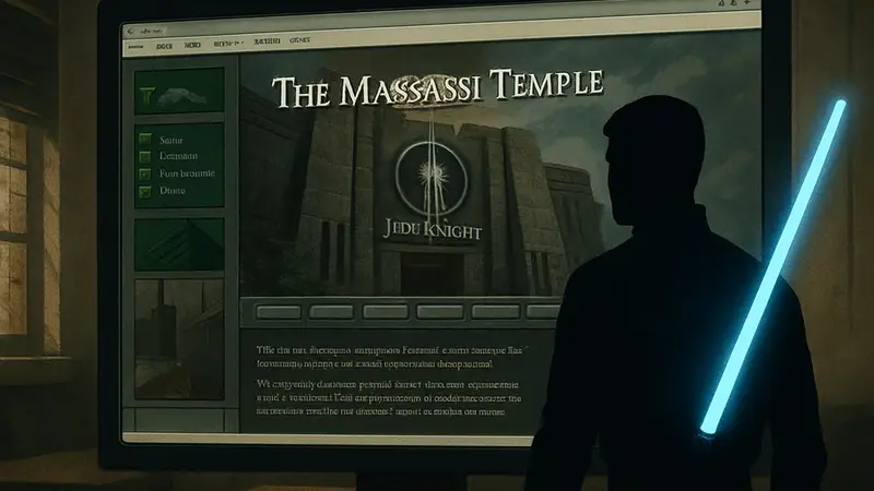 Скриншот главной страницы The Massassi Temple, фан-сайта Jedi Knight, стилизованный под 1998 год.