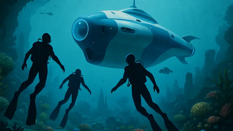 Скриншот Subnautica 2 с подводной лодкой и двумя дайверами