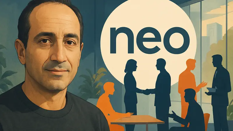 Али Партови и логотип Neo, на фоне которого стартаперы обсуждают инвестиции и гранты с венчурными фондами.
