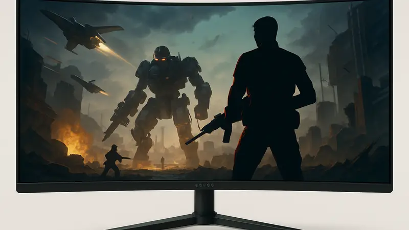 Игровой монитор Koorui 34E6UC с ультрашироким экраном, отображающий динамичную игровую сцену
