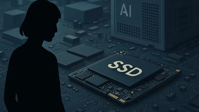 Накопитель SSD, лежащий на компьютерной плате рядом с микросхемами NAND-памяти, символизирующий дефицит.