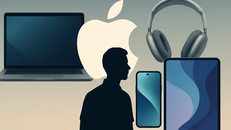 Логотип Apple на фоне новых устройств: MacBook Neo, iPhone 17e, AirPods Max 2 и iPad Air.