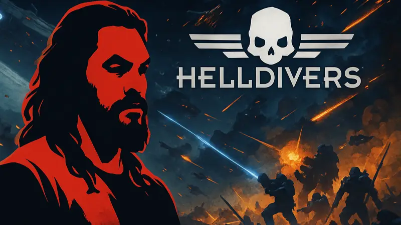 Джейсон Момоа и логотип Helldivers на фоне космического сражения из игры