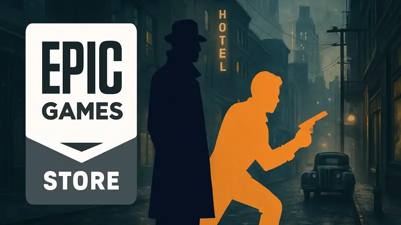 Логотип Epic Games Store с изображением двух бесплатных игр, доступных для загрузки в ограниченное время.