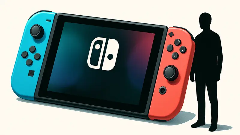 Изображение игровой консоли Nintendo Switch с неоновыми синими и красными контроллерами Joy-Con на белом фоне.