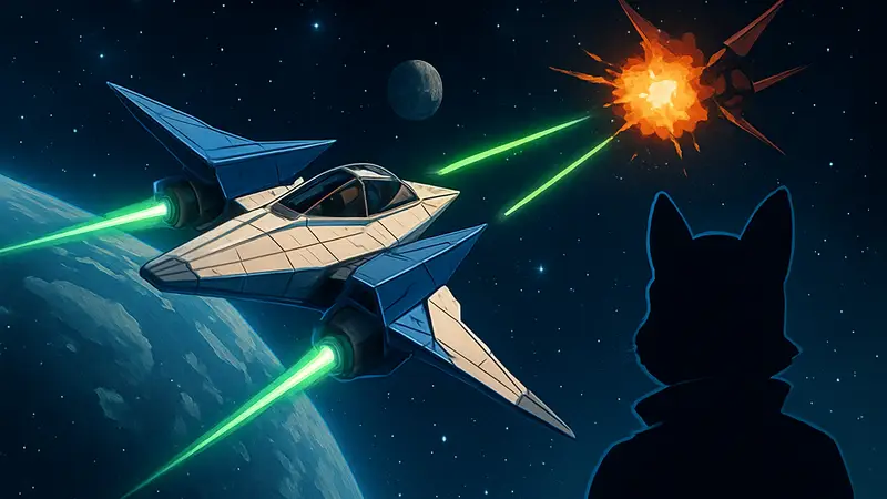Кадр из игры Star Fox, истребитель Arwing в космическом бою, на фоне звёзды и планеты