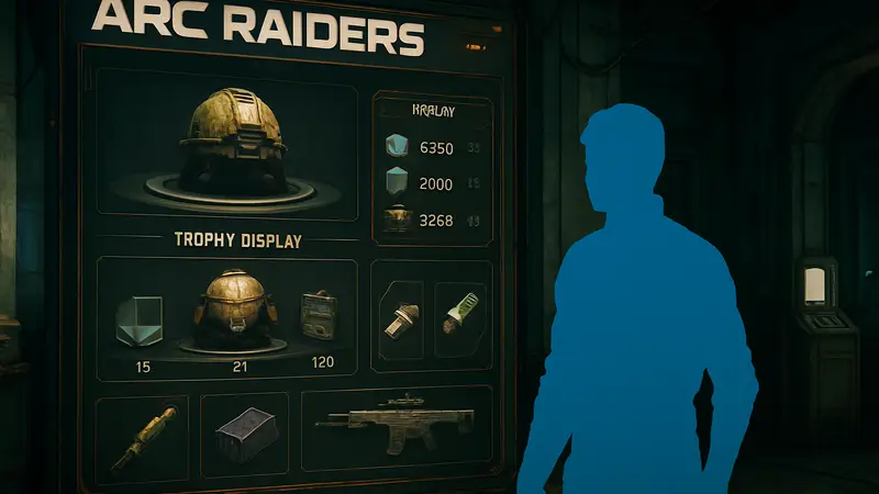 Игровой интерфейс Arc Raiders с элементами проекта Trophy Display, ресурсами и наградами.