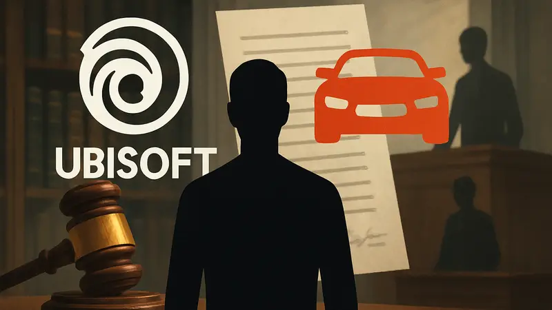 Логотип Ubisoft и символ игры The Crew, на фоне судебного иска