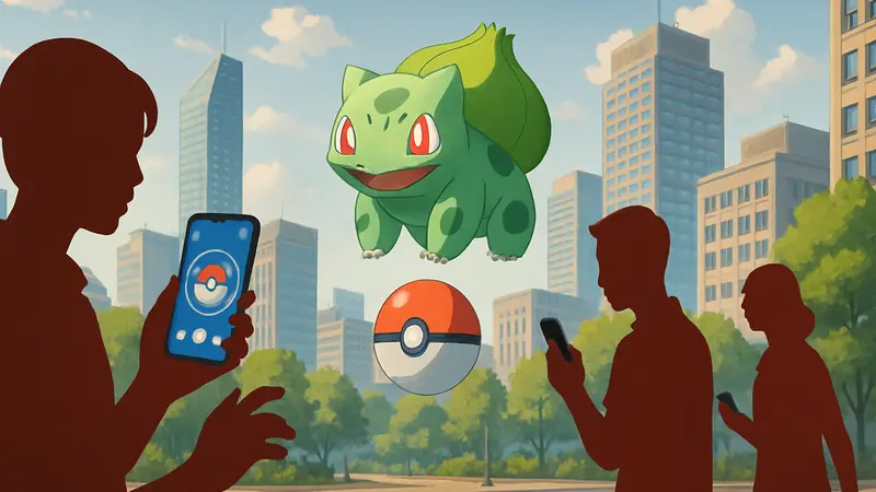 Игроки в Pokémon GO, ловящие покемона в реальном мире, на фоне городского пейзажа.