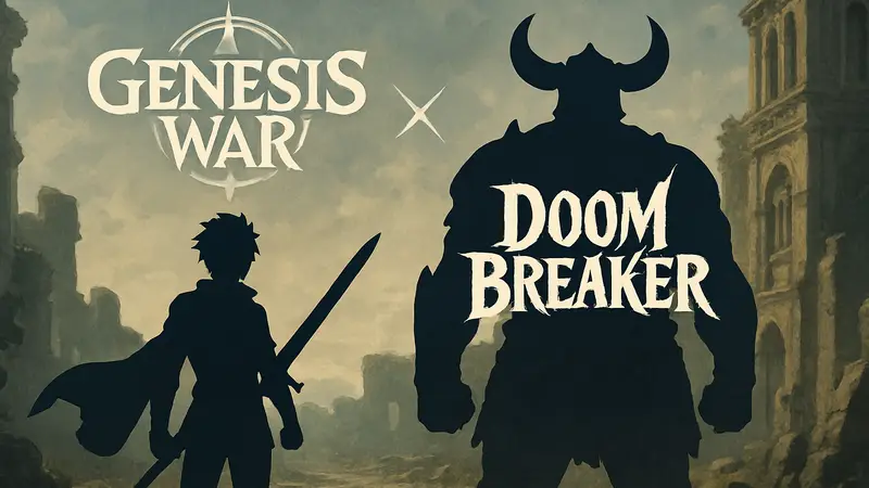 Изображение персонажей Genesis War и Doom Breaker на фоне логотипов коллаборации