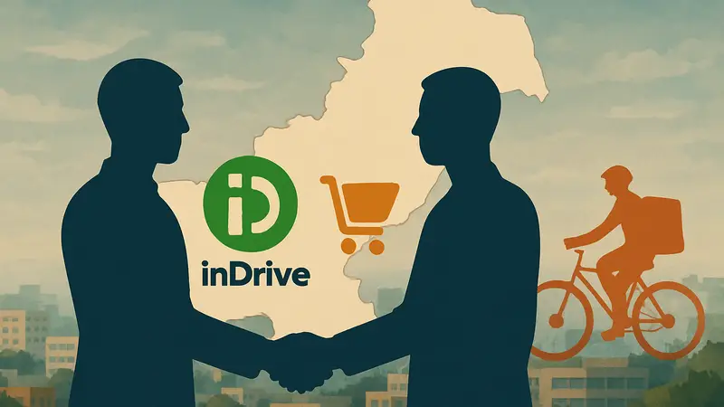 Логотип inDrive и KraveMart на фоне карты Пакистана, символизирующий сделку и доставку.