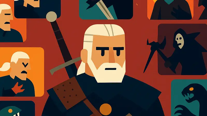 Изображение Геральта из Ривии в стилистике карточной игры Reigns, символизирующее множественные исходы и возможные «смерти» в Reigns: The Witcher.