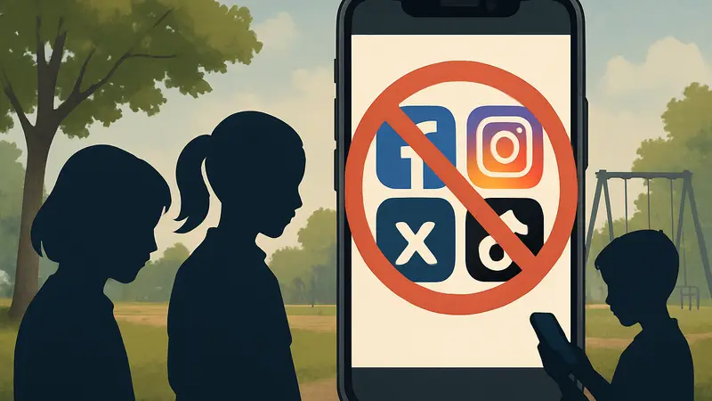 Изображение смартфона с иконками соцсетей, перечеркнутых запрещающим знаком, на фоне детских силуэтов.