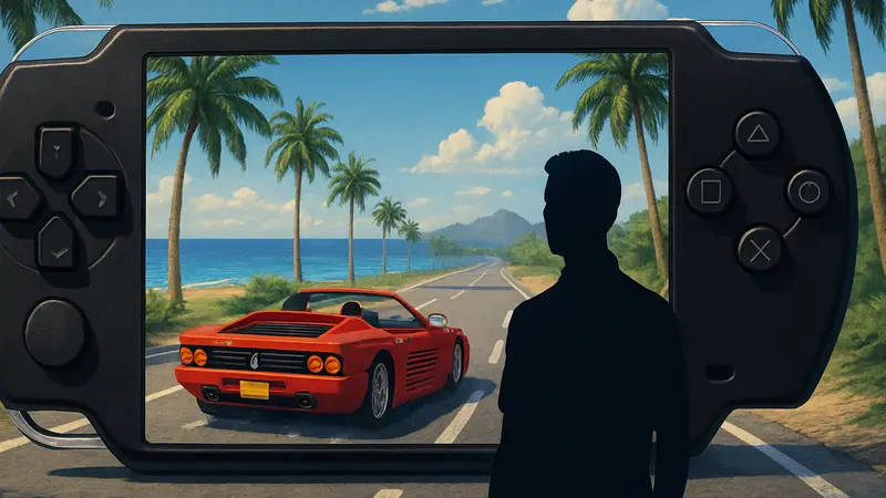 Обложка игры OutRun на PSP или скриншот гоночного автомобиля на трассе, ностальгия по ретро-играм