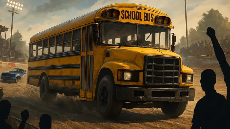 Школьный автобус в игре Wreckfest 2 во время гонок.