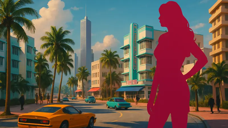 Официальный скриншот GTA 6 с видом на город Vice City, его улицы и здания.