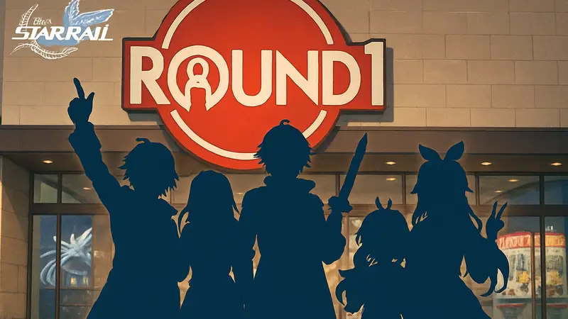 Персонажи Honkai: Star Rail на фоне логотипа Round1 USA, рекламирующие коллаборацию.