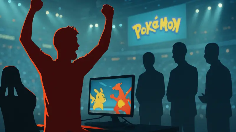Игрок Firestar73 на киберспортивном турнире Pokémon празднует победу. Судьи принимают решение.