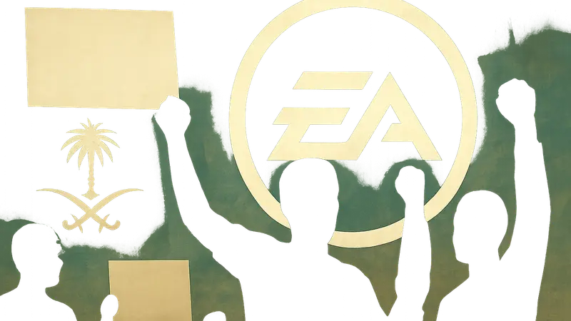 Логотип Electronic Arts на фоне символики петиции или Государственного инвестиционного фонда Саудовской Аравии.