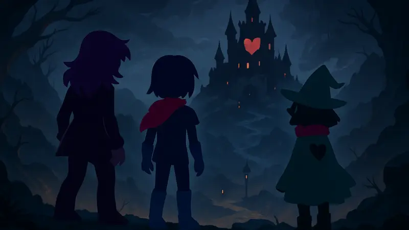 Персонажи Deltarune, Крис, Сьюзи и Ралзей, на фоне тёмного мира, после главы 5 игры