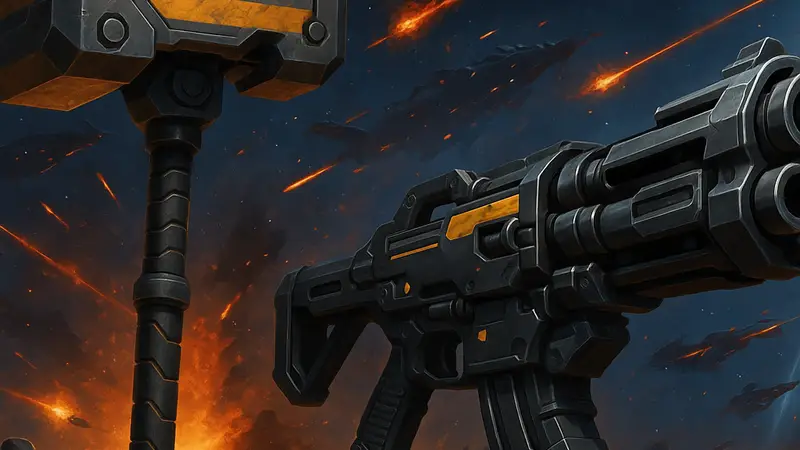 Изображение боевого молота и скорострельного гранатомёта из игры Helldivers 2 на фоне космического сражения.