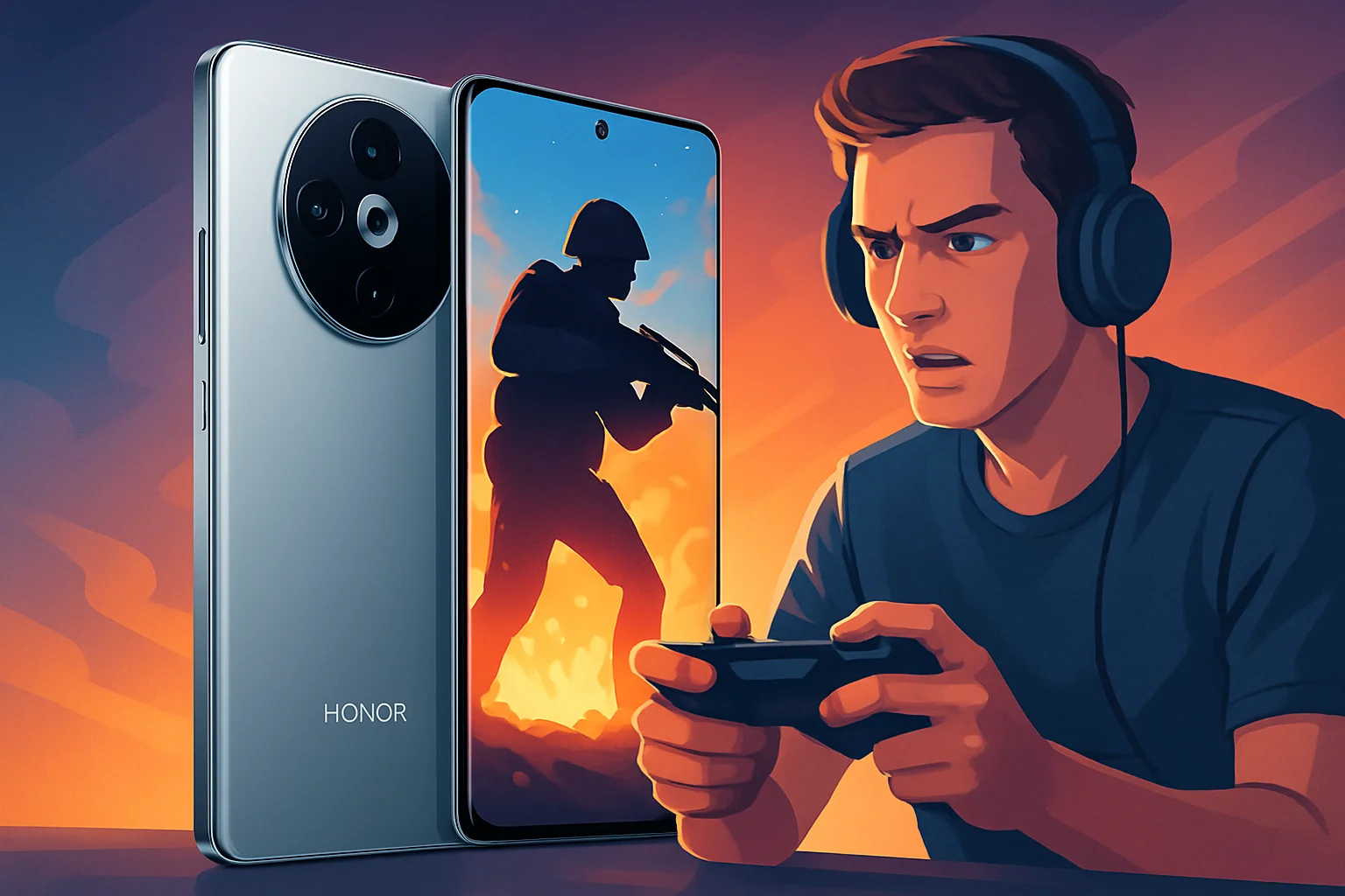 Смартфон Honor Magic 8 Pro Air на фоне играющего геймера, демонстрирующий тонкий корпус и яркий экран.